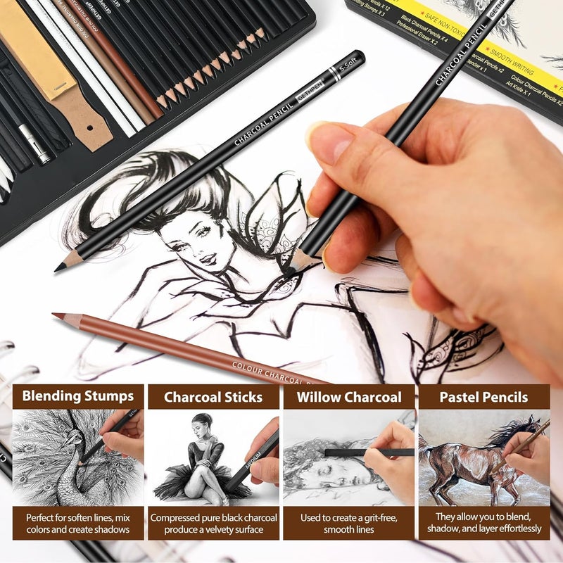 GETHPEN Sketch Pencils for Drawing,34 Pcs,Graphite Pencil (14B-4H), Charcoal Pencil,With Graphite Sticks, Erasers and Sharpener, Art Pencils for Sketching,Artist Set for Beginners and Professionals - Image 5